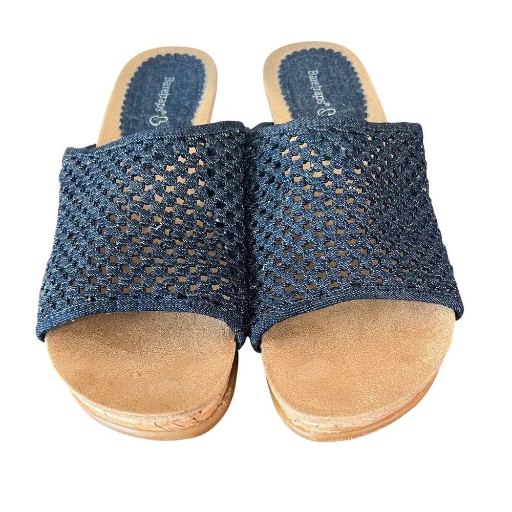 Baretraps Womens Blue Woven Lattice Wedge Slide Sandals Size 10M Cork Heel